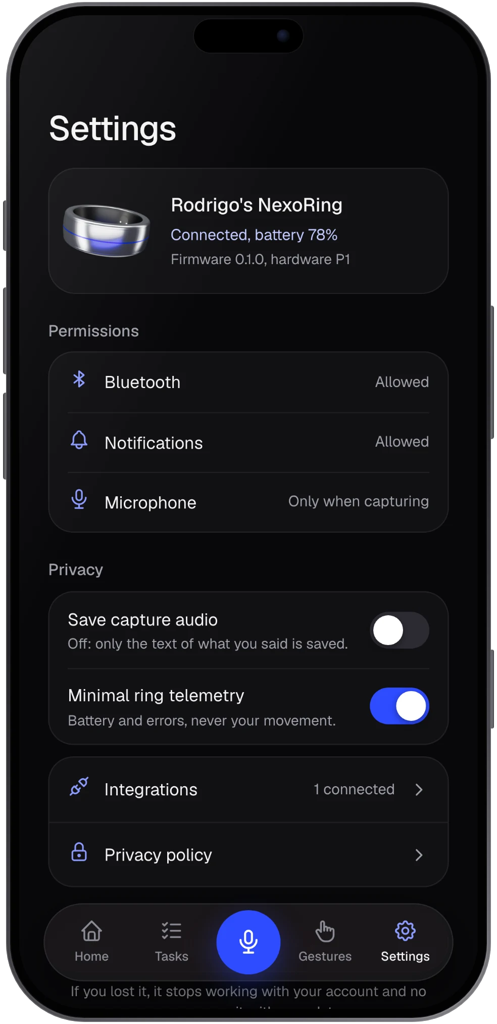 Privacy and device settings screen