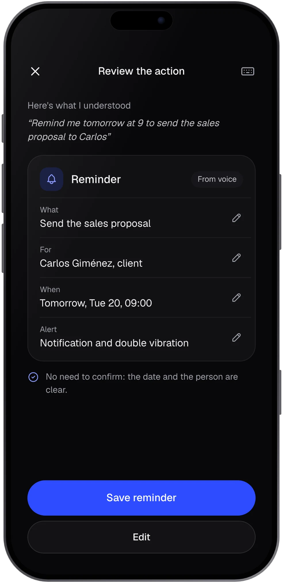 NexoRing app capture screen with a reminder understood by the AI