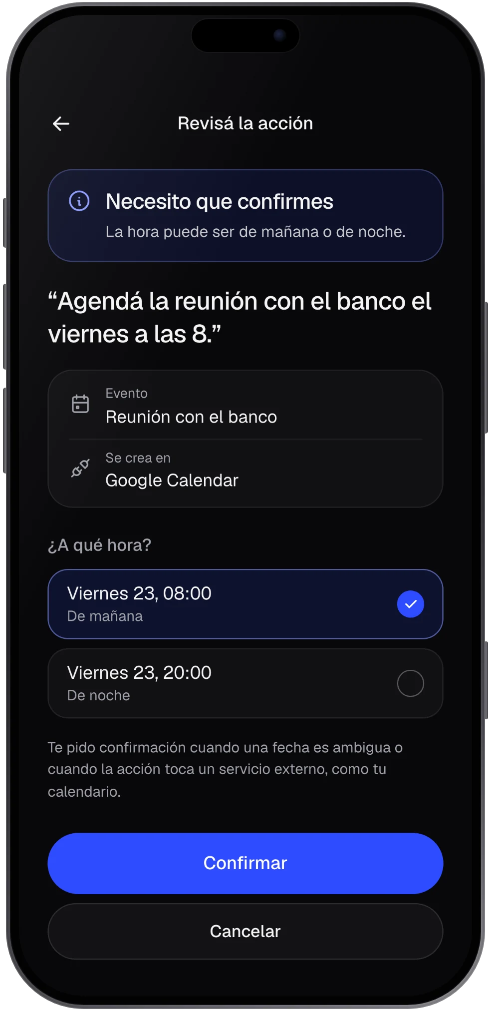 Pantalla de confirmación de una fecha ambigua
