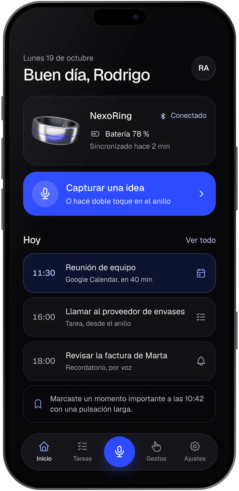 Pantalla de inicio de la app NexoRing con el estado del anillo y los pendientes del día