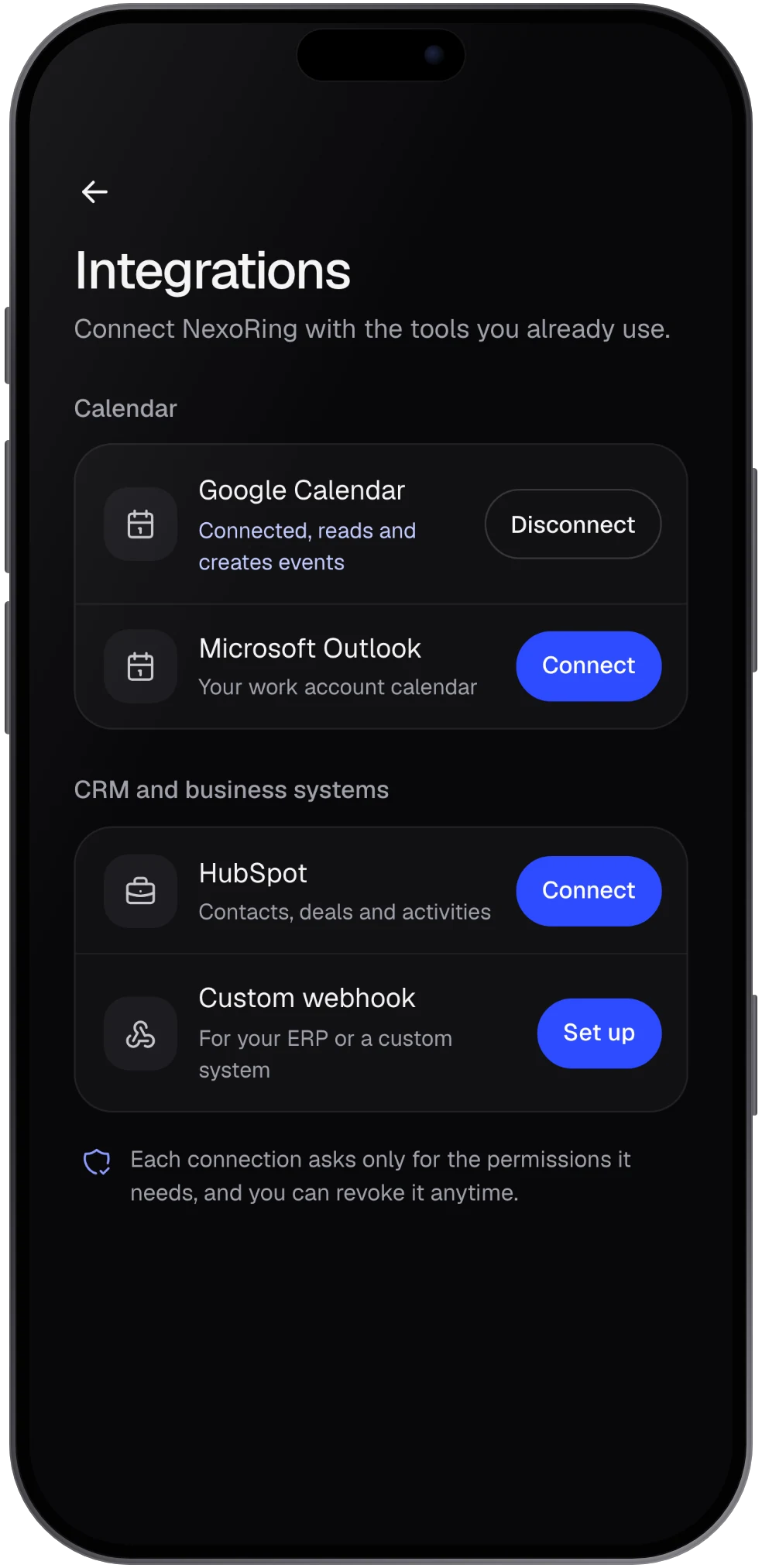 Integrations screen with calendar and CRM