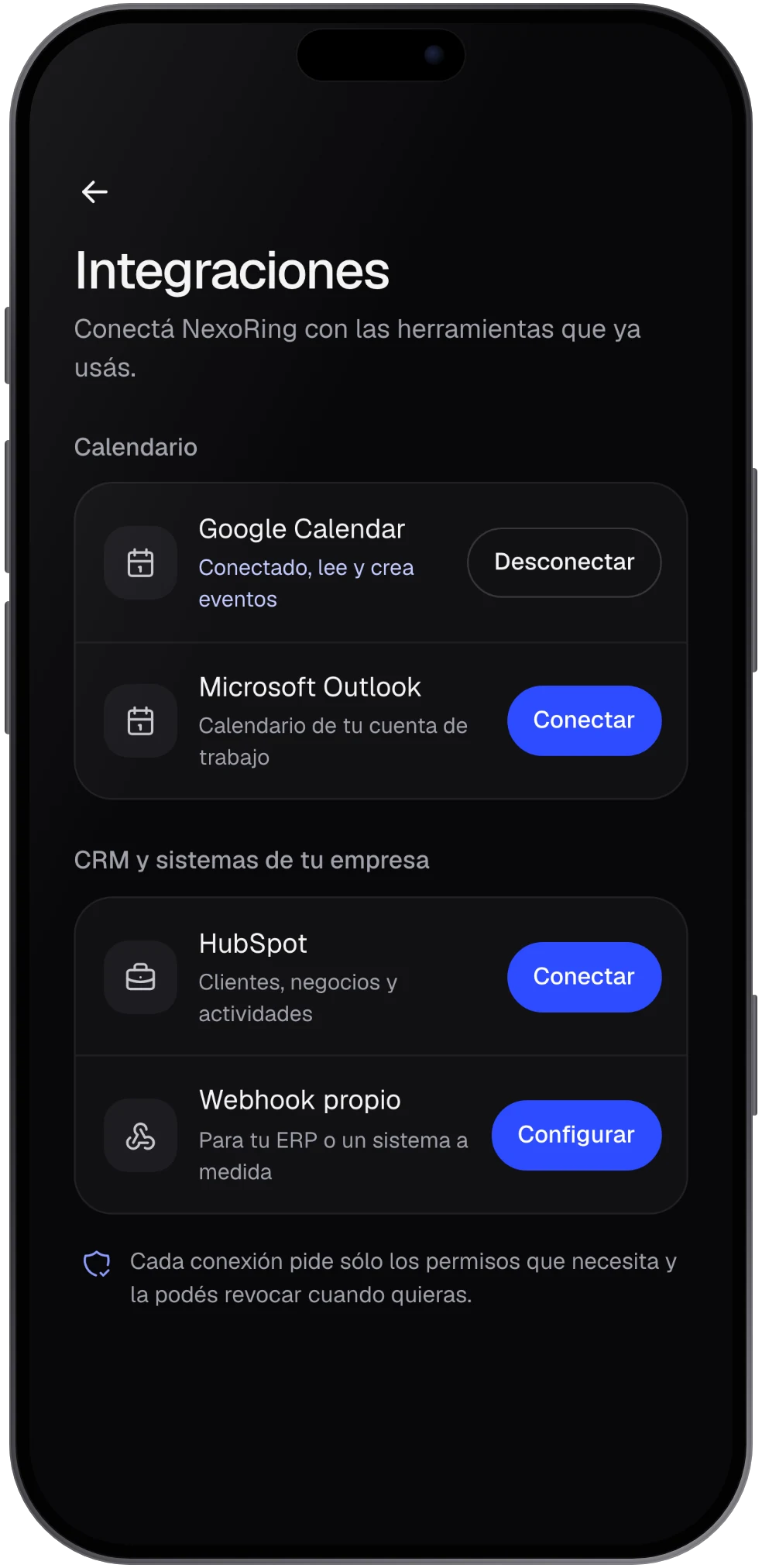 Pantalla de integraciones con calendario y CRM