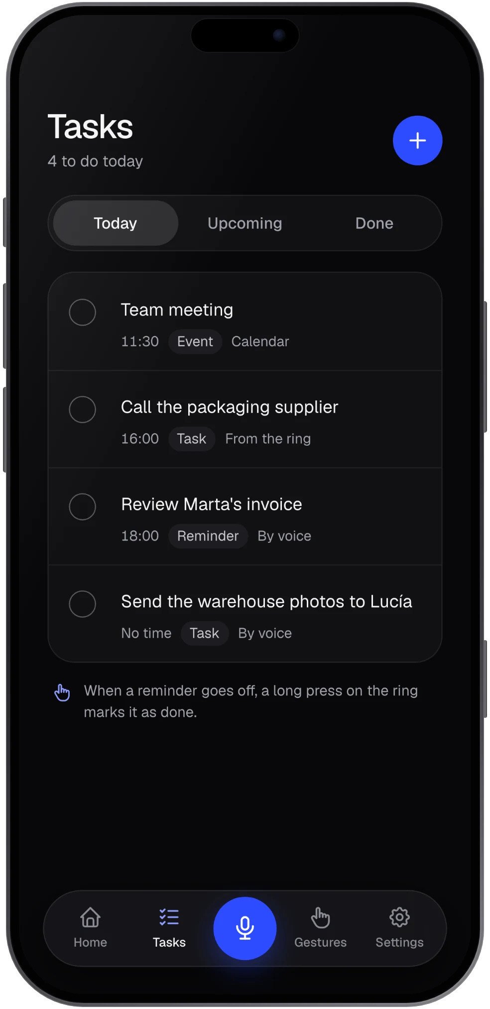 NexoRing app tasks and reminders screen